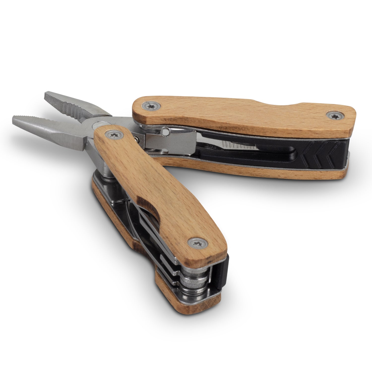 Wooden 9 Function Multi Tool with Beech wood handles, featuring pliers, knife, screwdrivers, and a can opener for versatile tasks.