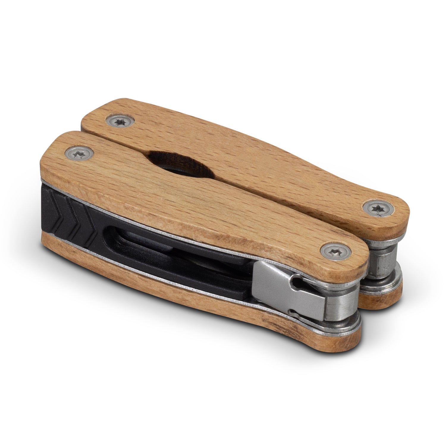 Wooden 9 Function Multi Tool with Beech wood handles, featuring pliers, knife, saw, and more for versatile outdoor and home use.