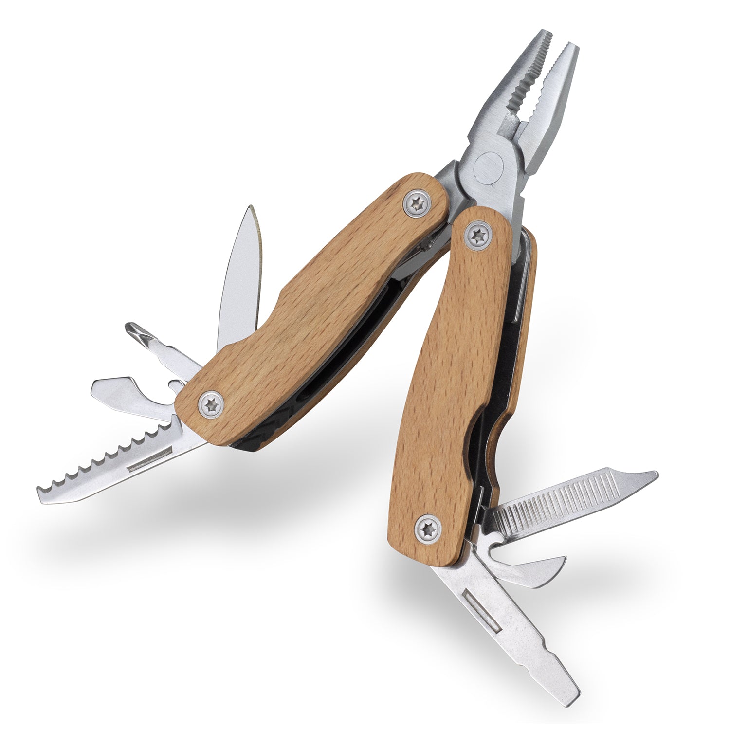 Wooden 9 Function Multi Tool with Beech wood handles, featuring pliers, knife, can opener, screwdrivers, and more, ideal for outdoor use.