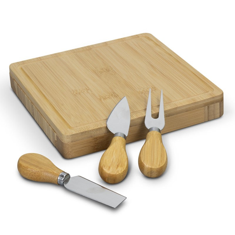 Elegant square bamboo cheese board with slide-out drawer and three essential cheese tools for sophisticated entertaining.