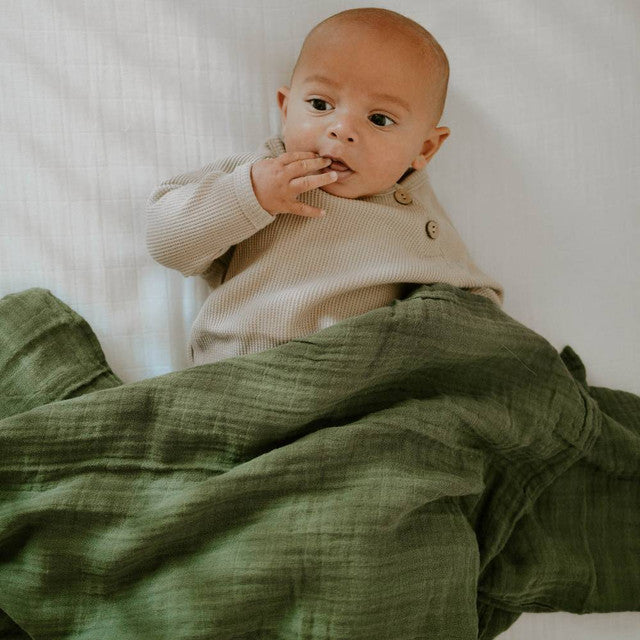 Lightweight 100% cotton muslin swaddle in fern, 120cm x 120cm, perfect for safe and cozy sleep for infants 0-3 months.
