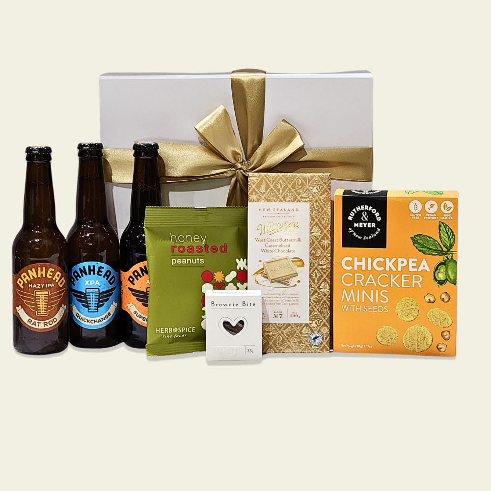 Brews & Bites Gift Box featuring craft beers and gourmet snacks for memorable celebrations or relaxing moments.