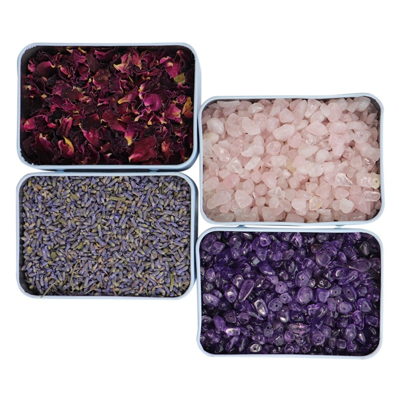 A tranquil soy candle infused with essential oils and crystals, promoting relaxation and a peaceful atmosphere.