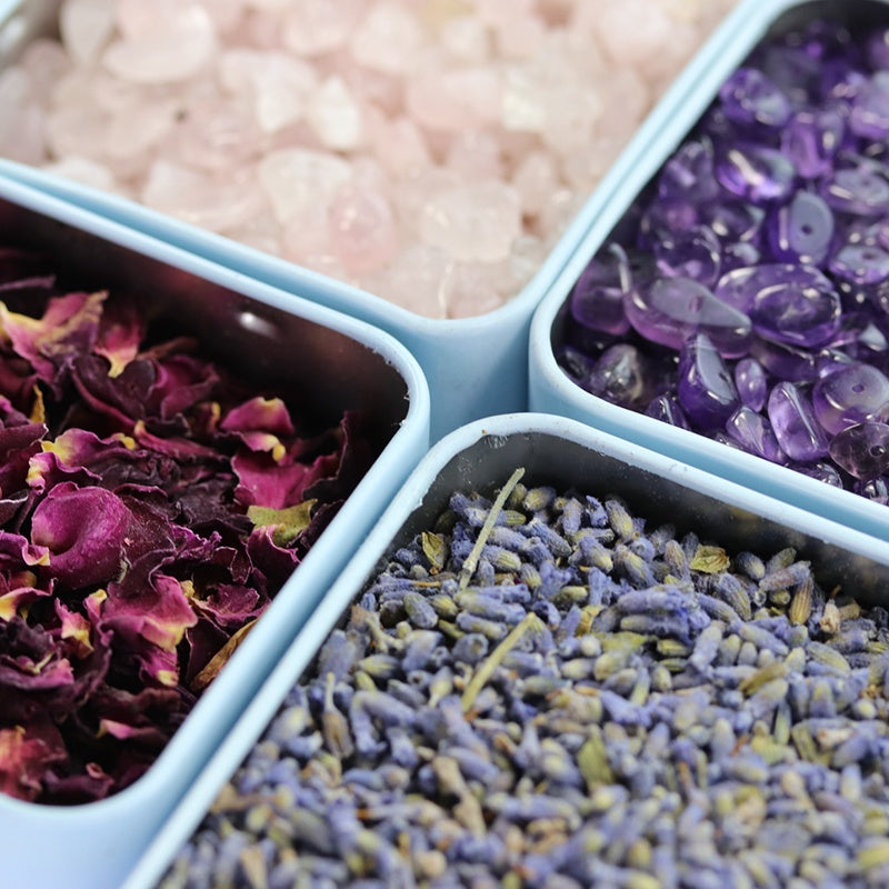 Anoint Aromatherapy Soy Candle with essential oils, crystals, and natural petals for a calming atmosphere and long burn time.