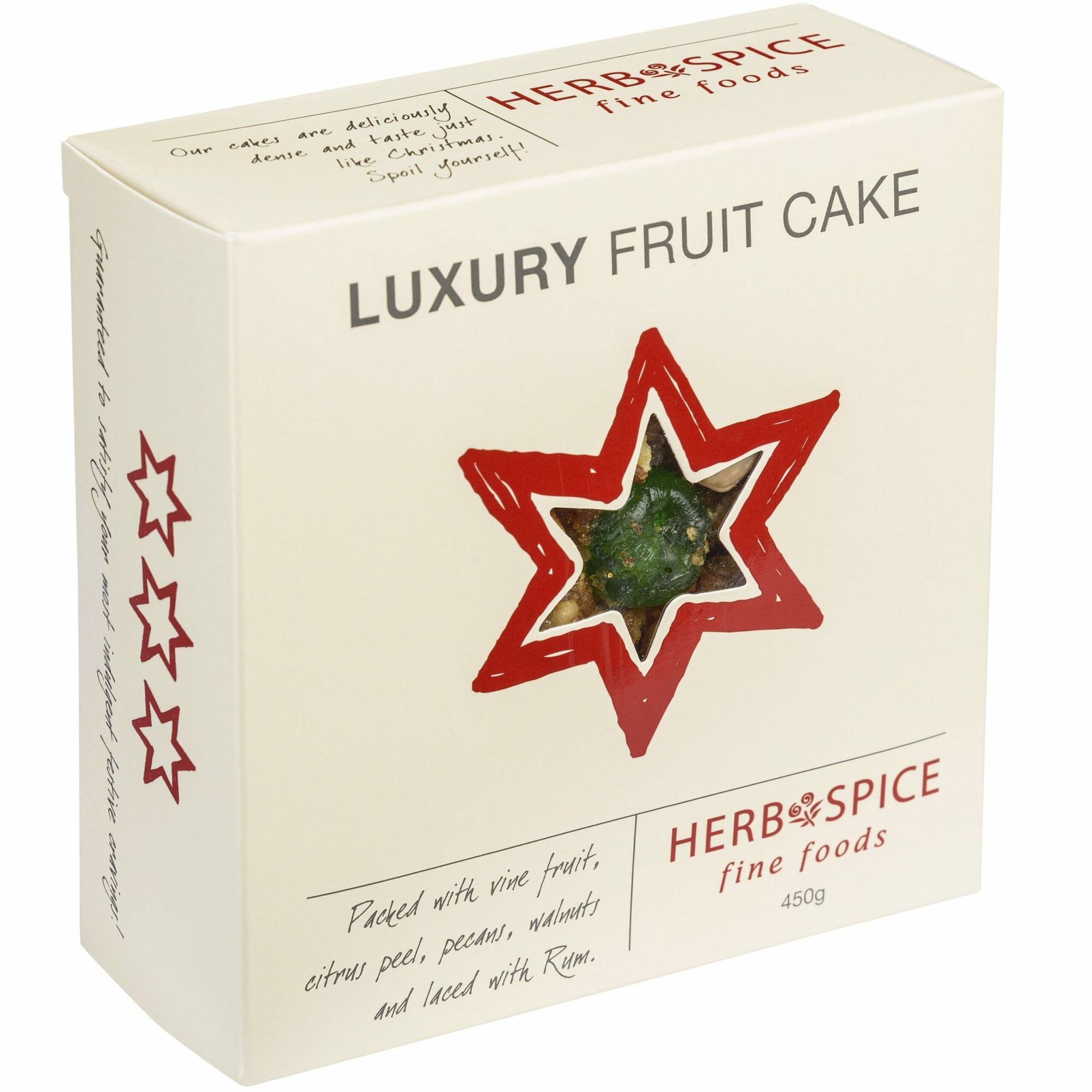 Luxury round fruit cake with vine fruits, citrus peel, pecans, walnuts, and a hint of rum, perfect for festive occasions.