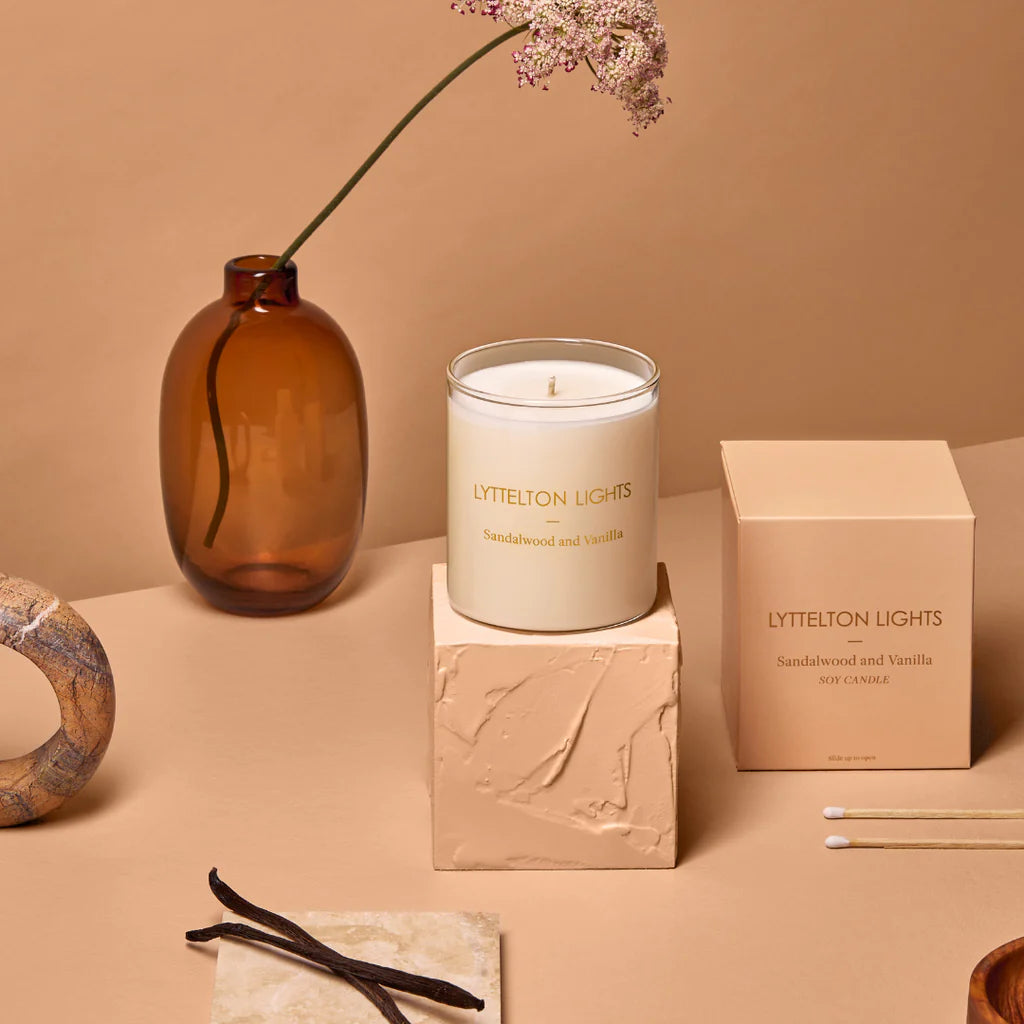 Lyttelton Lights Sandalwood & Vanilla Candle in a medium size, offering natural soy wax and a blend of floral and woody fragrances.