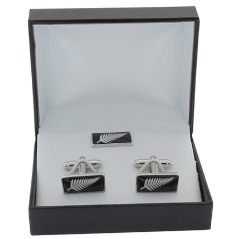 Kiwi Fern & Brews Box with cufflinks, beer, gourmet biscuits, and nuts in a stylish gift box. Perfect Kiwi gift.