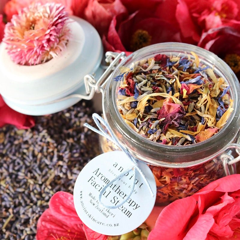 Aromatherapy Facial Steam Jar with rose, lavender, and calming herbs for a luxurious skincare experience.