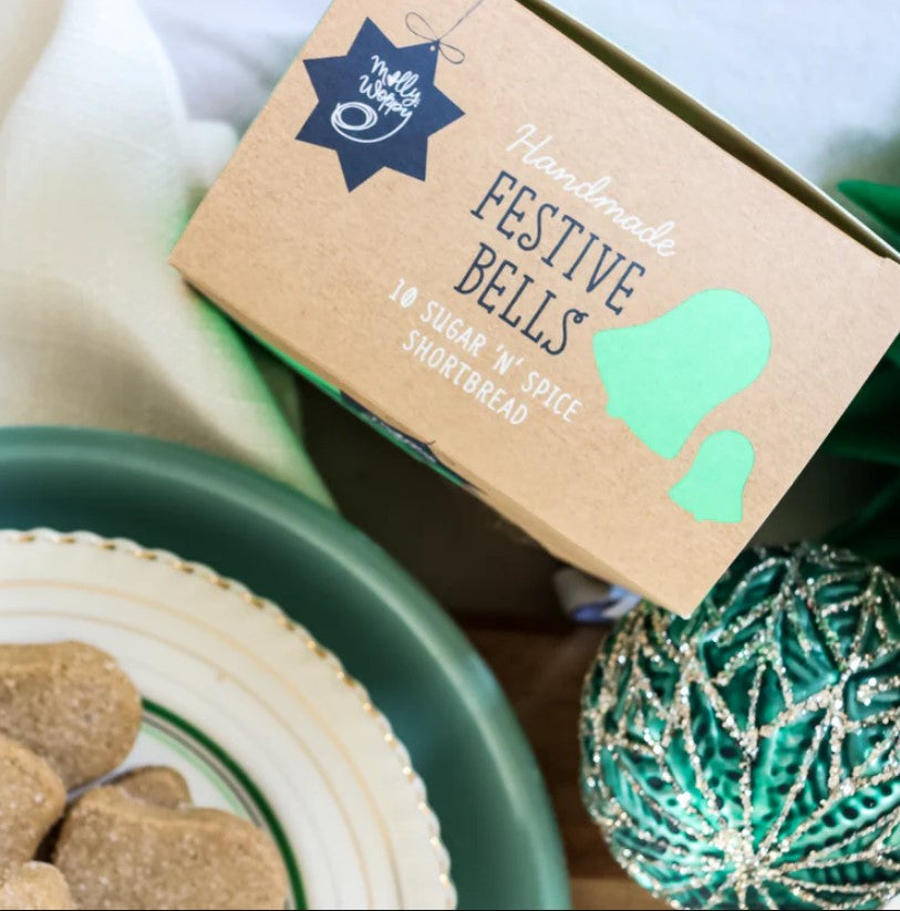 Molly Woppy Festive Shortbread Bell Cookies, buttery and charmingly shaped for delightful holiday gifting and gatherings.
