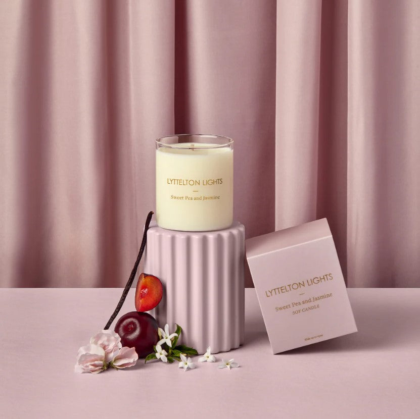 Elegant Lyttelton Lights Sweet Pea & Jasmine Candle, handcrafted from natural soy wax with floral and fruity fragrance notes.