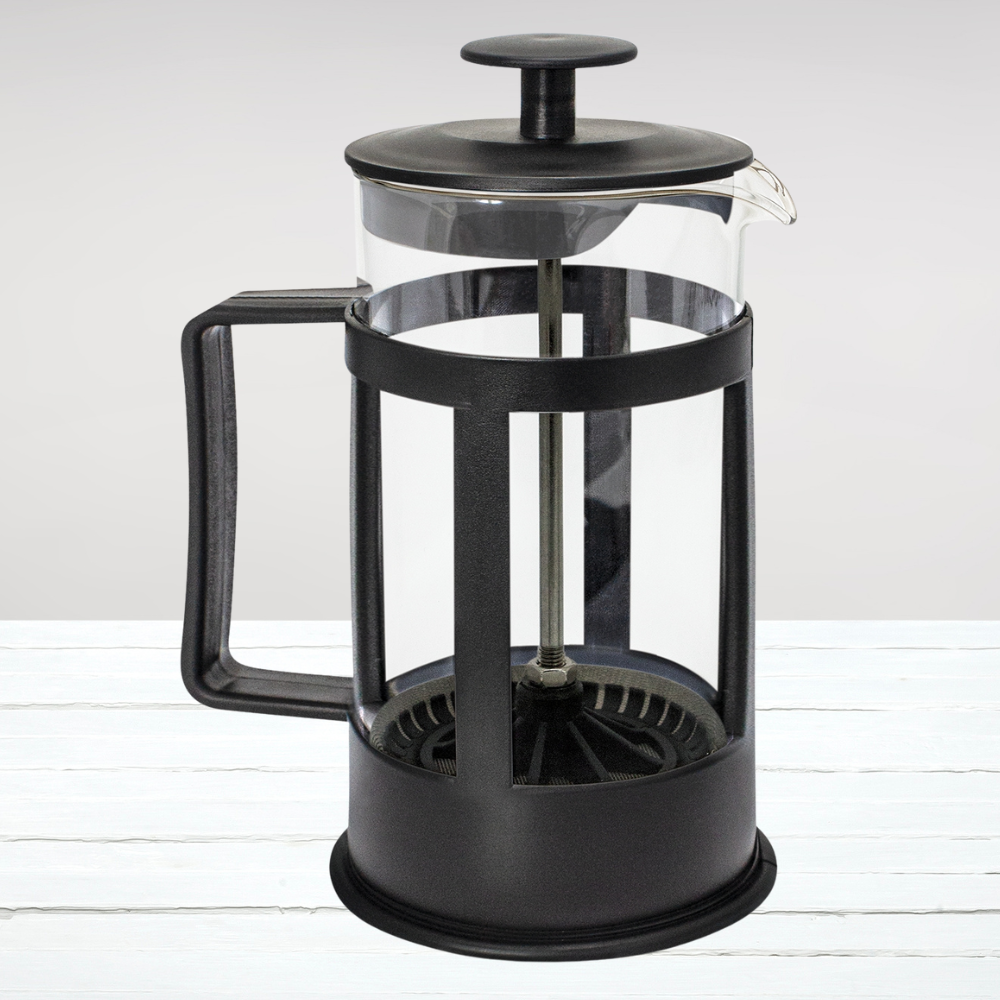 Elegant 350ml coffee plunger in lightweight borosilicate glass, designed for rich brewing and stylish presentation.