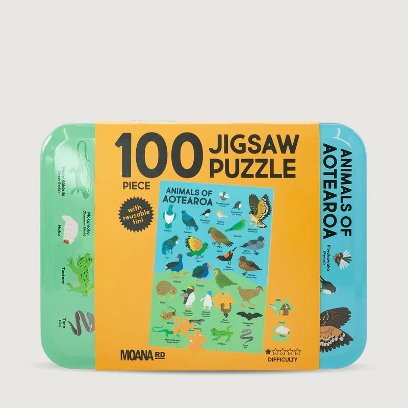 Colorful 100-piece jigsaw puzzle featuring 29 New Zealand animals, promoting fun and education for children.