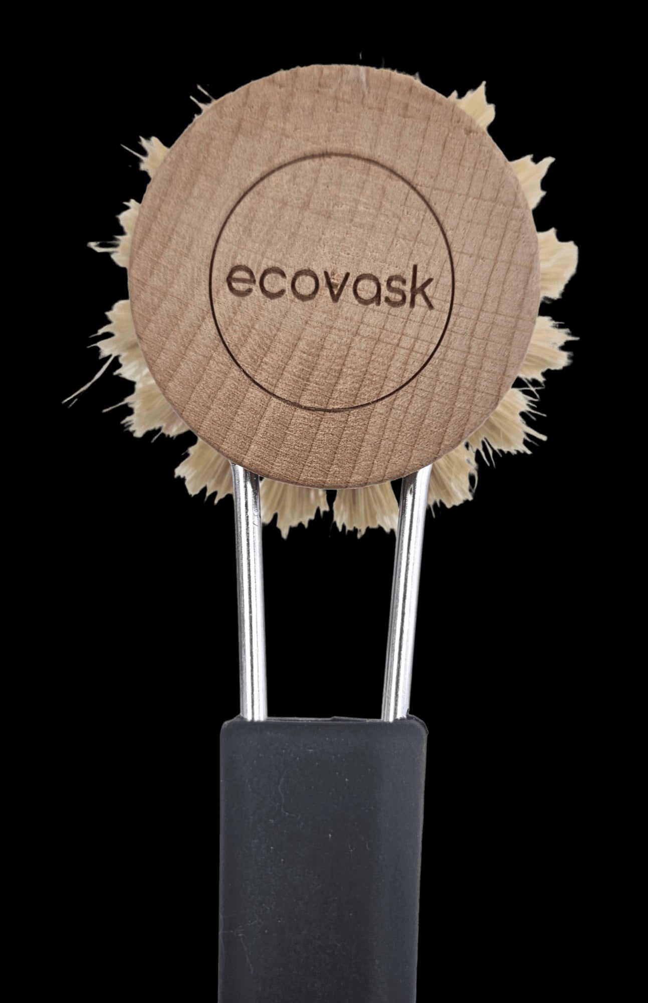 Ecovask Dishbrush featuring a beech wood handle, silicone grip, and durable tampico bristles for effective cleaning.