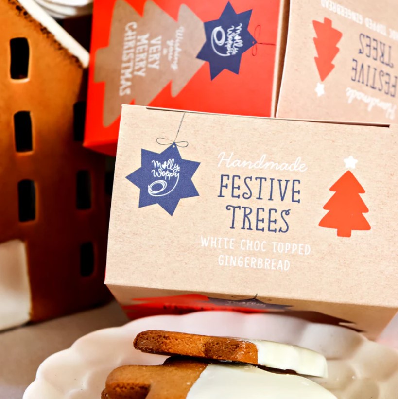 White-chocolate-dipped gingerbread cookies shaped like Christmas trees, perfect for festive gifting and celebrations.