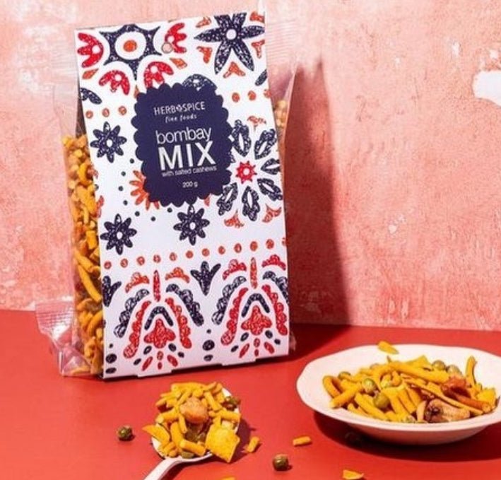 Vibrant Bombay Mix with crunchy green peas and roasted cashews, offering a gluten-free gourmet snack experience.