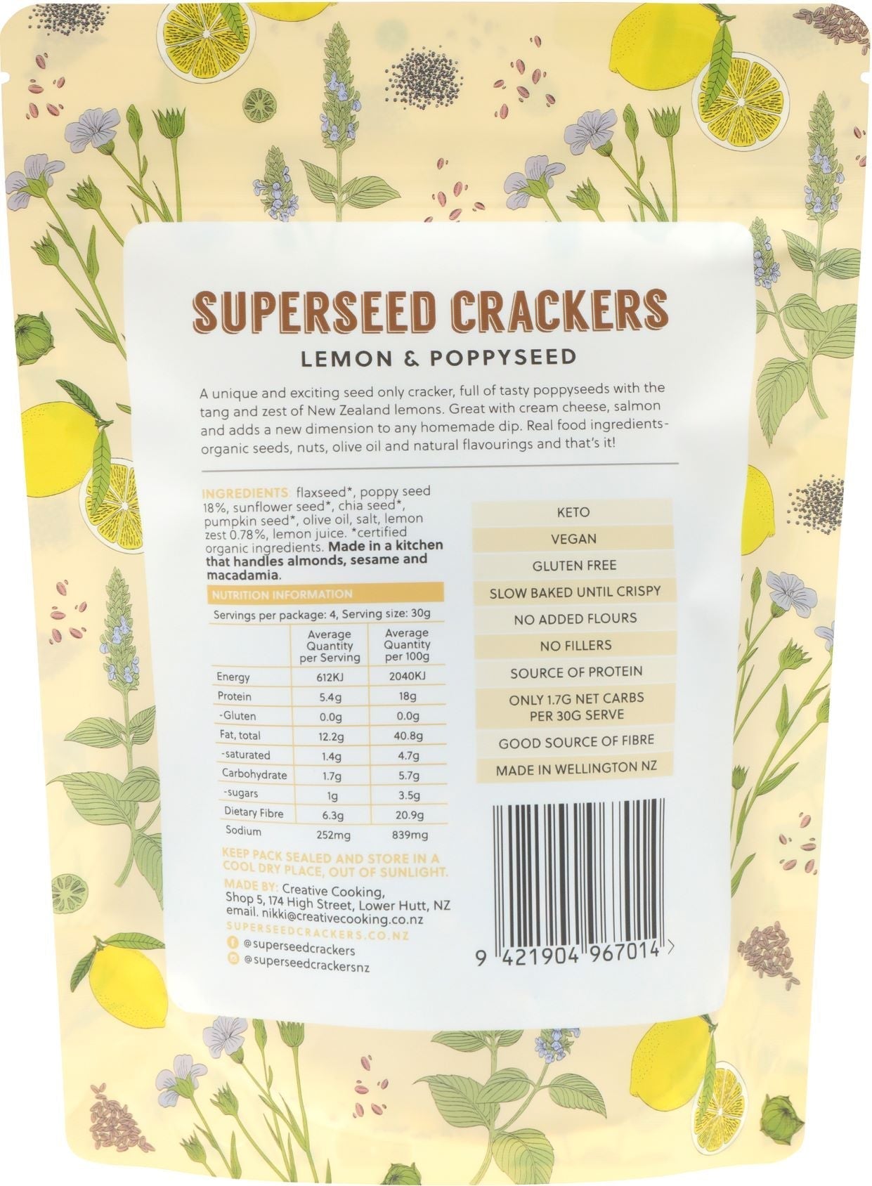 Vegan and gluten-free Lemon & Poppy Seed Superseed Crackers, featuring zesty lemon and nutritious seeds for a healthy snack.