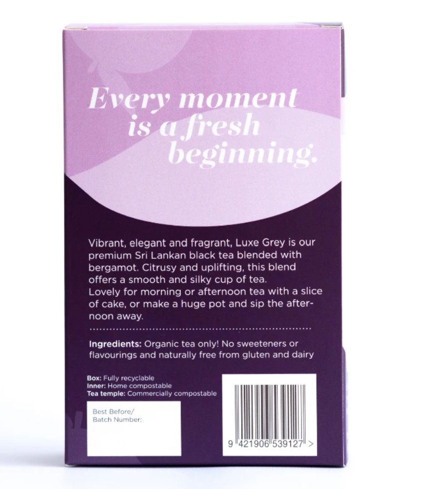 Elegant box of Libertine Blends Luxe Grey Earl Grey Tea with 15 tea temples, featuring premium black tea and bergamot.