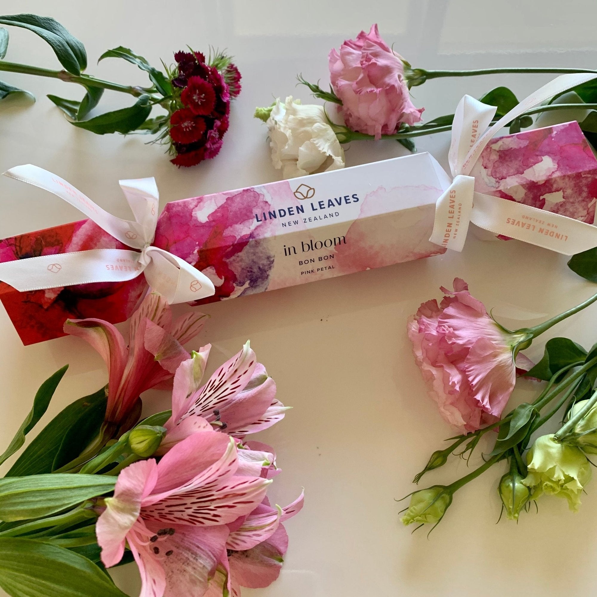 Linden Leaves Pink Petal Bonbon set featuring hand cream and body oil for luxurious skincare and gifting.