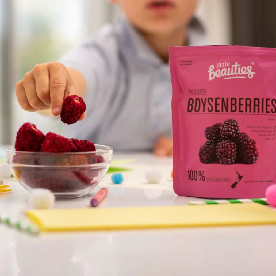 Crunchy freeze-dried boysenberries, gluten-free, natural, and perfect for snacks, breakfast, and beverages.