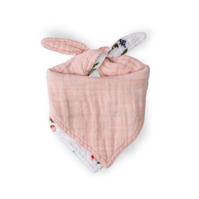 Watercolour Roses bandana bib made of soft, absorbent cotton muslin; reversible and adjustable for comfort and style.