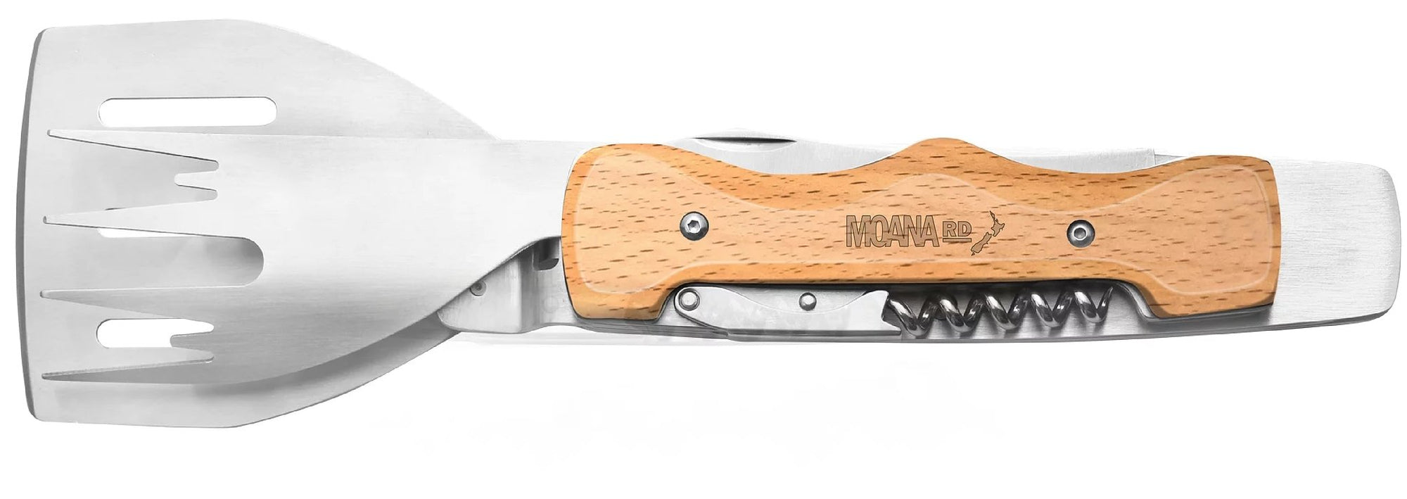 Moana Road BBQ Wonder Tool - 6-in-1 versatile grilling accessory with spatula, fork, knife, corkscrew, and bottle opener.