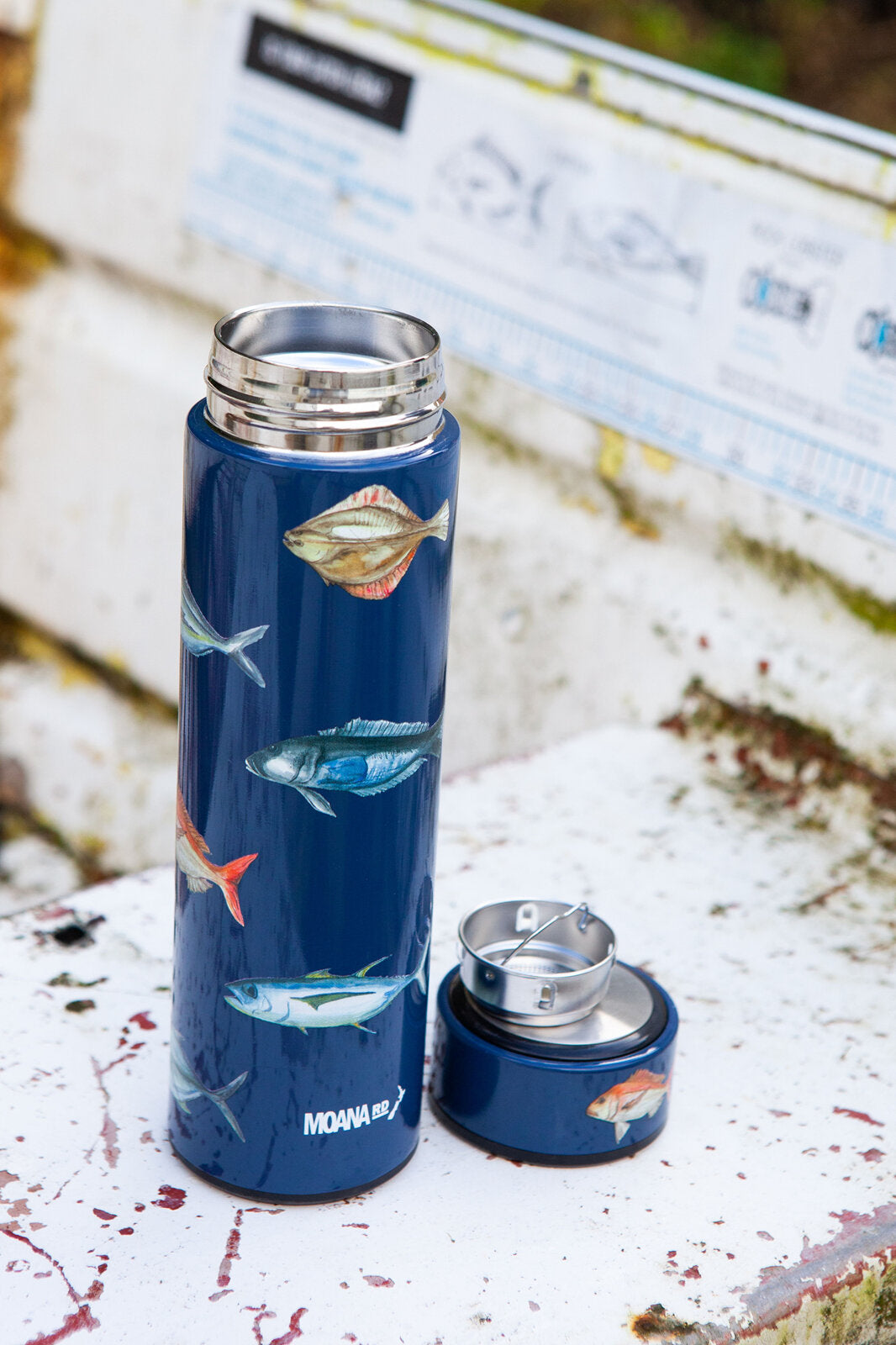 500ml Moana Road NZ Fishing Drink Bottle featuring bold fish graphics, perfect for hydration during outdoor adventures.