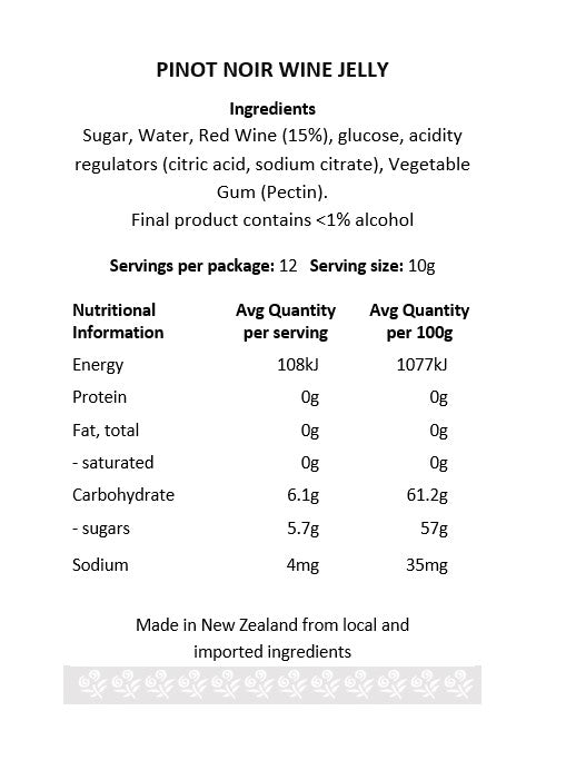 Pinot Noir Wine Jelly in a 120ml jar, gluten-free, crafted in New Zealand for gourmet snacks and meals.