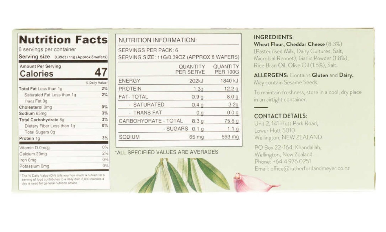 Gourmet wafers featuring garlic and olive oil, perfect for sharing with cheeses and dips, made in New Zealand.