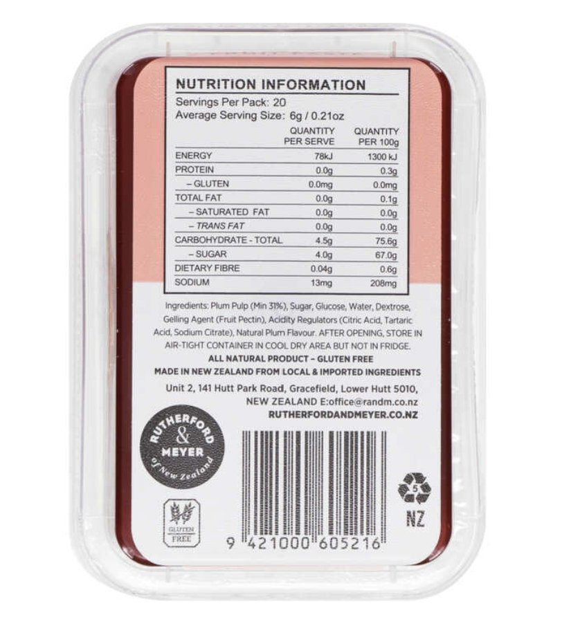 Rutherford & Meyer Plum Fruit Paste in a 120g jar, perfect for pairing with cheese, adding gourmet flavor to any platter.
