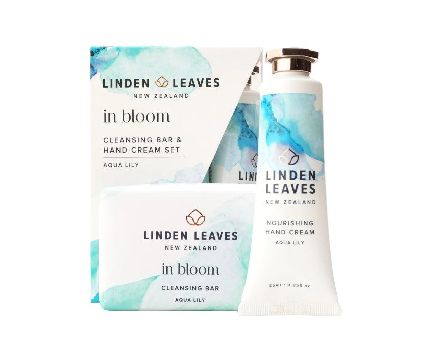 Linden Leaves Aqua Lily set with nourishing hand cream and palm oil-free cleansing bar for soft, rejuvenated skin.