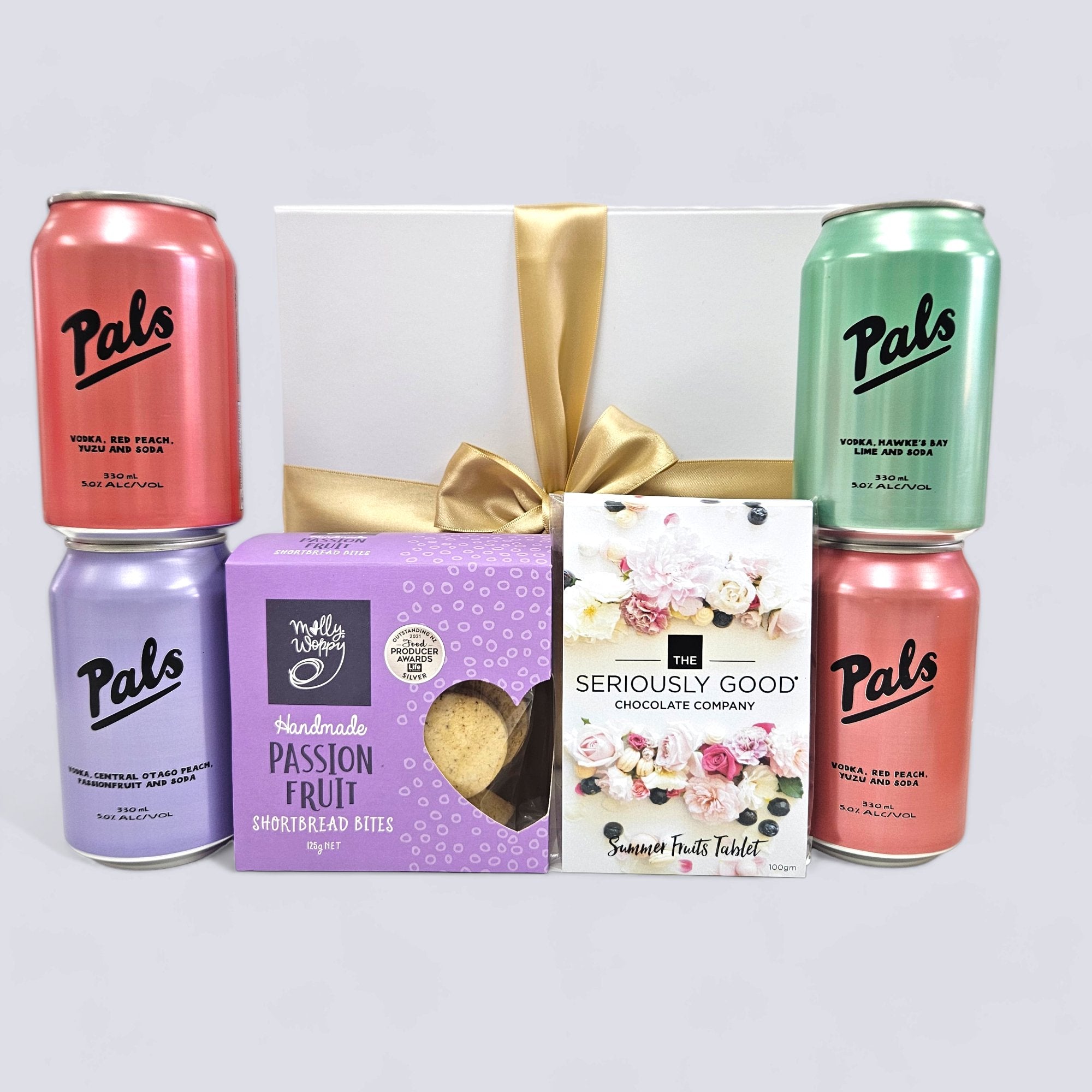 Elegant Summer Refresher gift box featuring vodka cans, passionfruit shortbread, chocolate, and a stylish ribboned wrap.