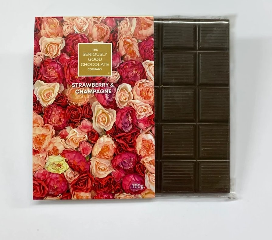 Luxury strawberry and champagne chocolate tablet, crafted with creamy milk chocolate, perfect for gifting or indulgence.