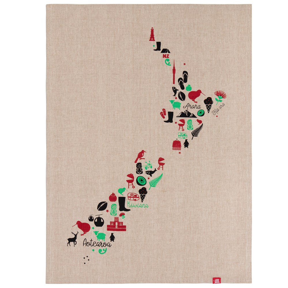 NZ Map Iconic Tea Towel showcasing New Zealand's landscapes and symbols, made from 100% cotton, perfect for kitchen or gifting.