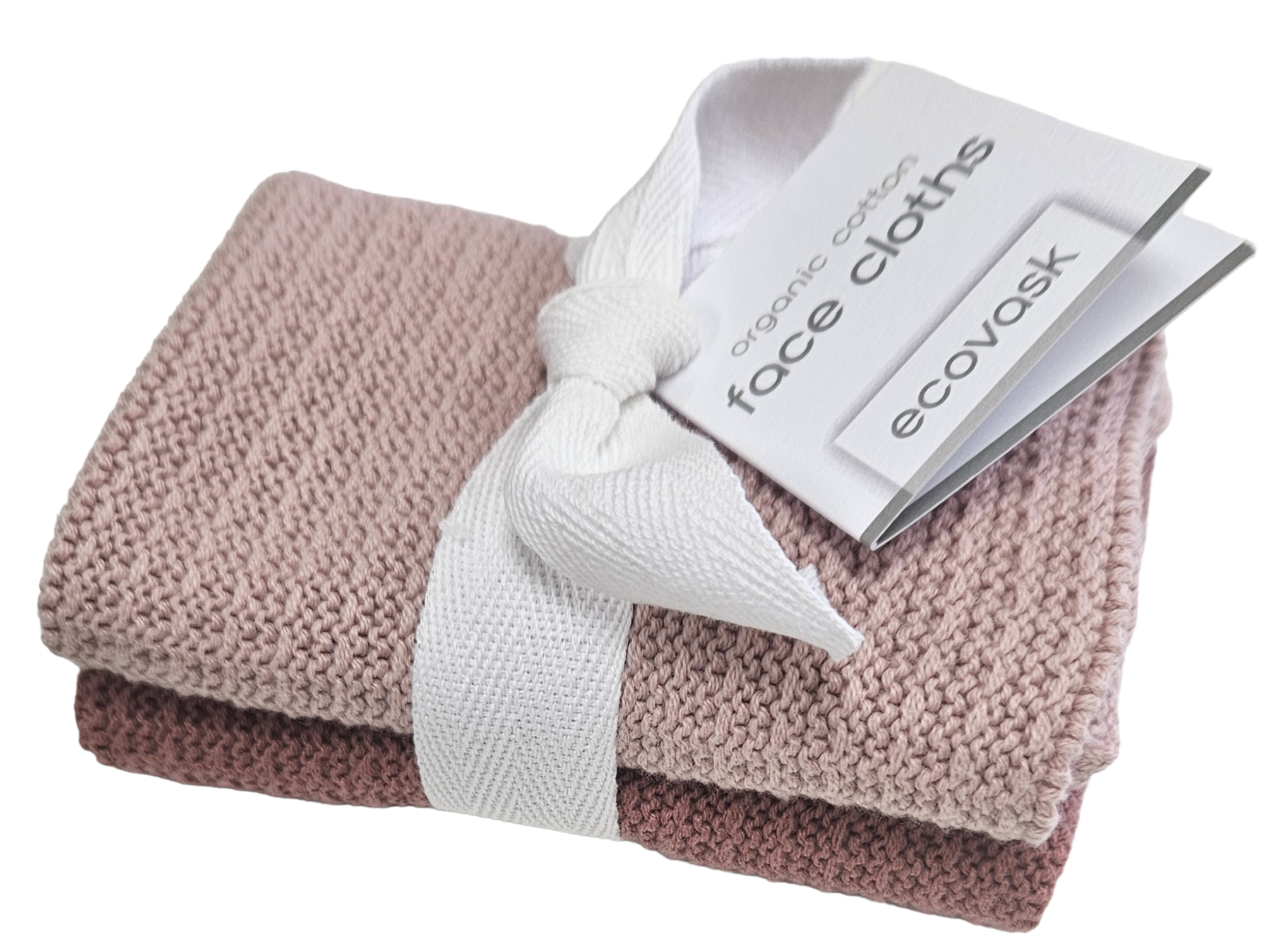 Ecovask Facecloths 2-pack in blush and demi, made from organic cotton for gentle cleansing and eco-friendly luxury.