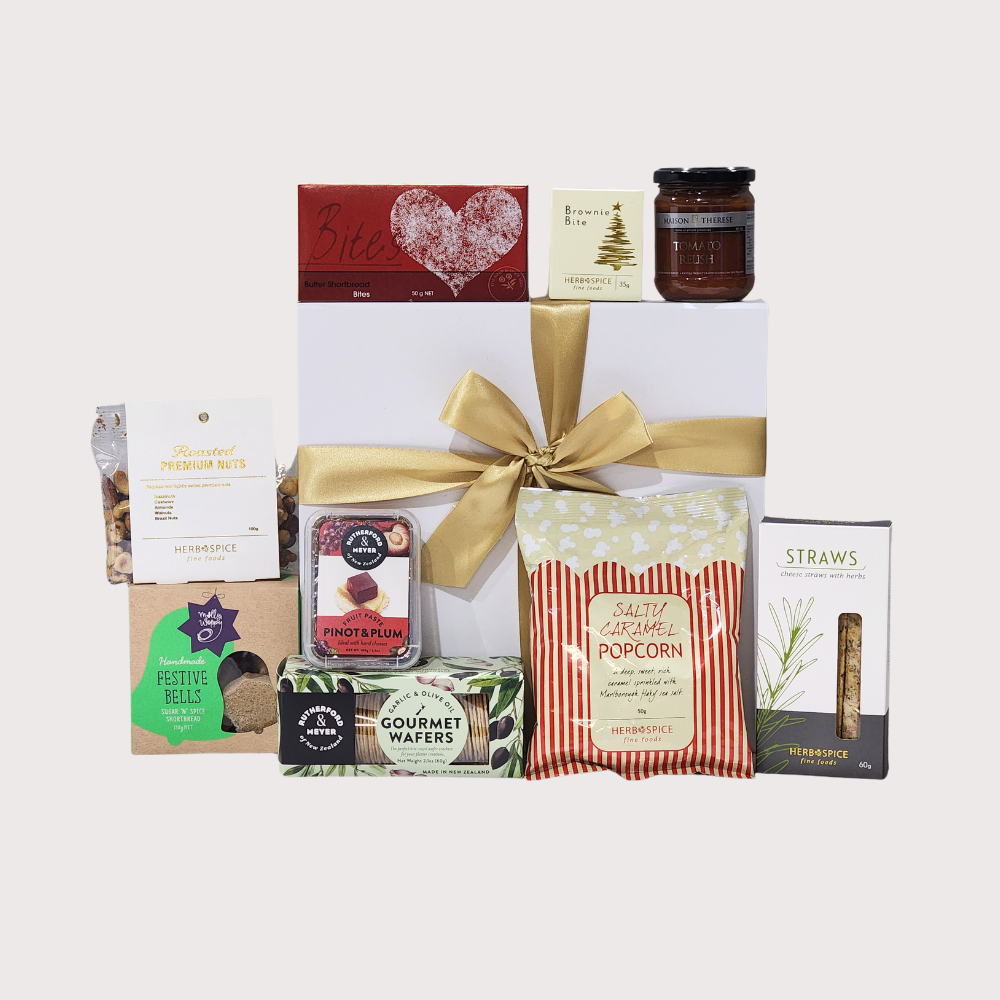 Luxurious Christmas Delights Gift Box filled with gourmet snacks, cookies, and sweets for festive holiday celebrations.