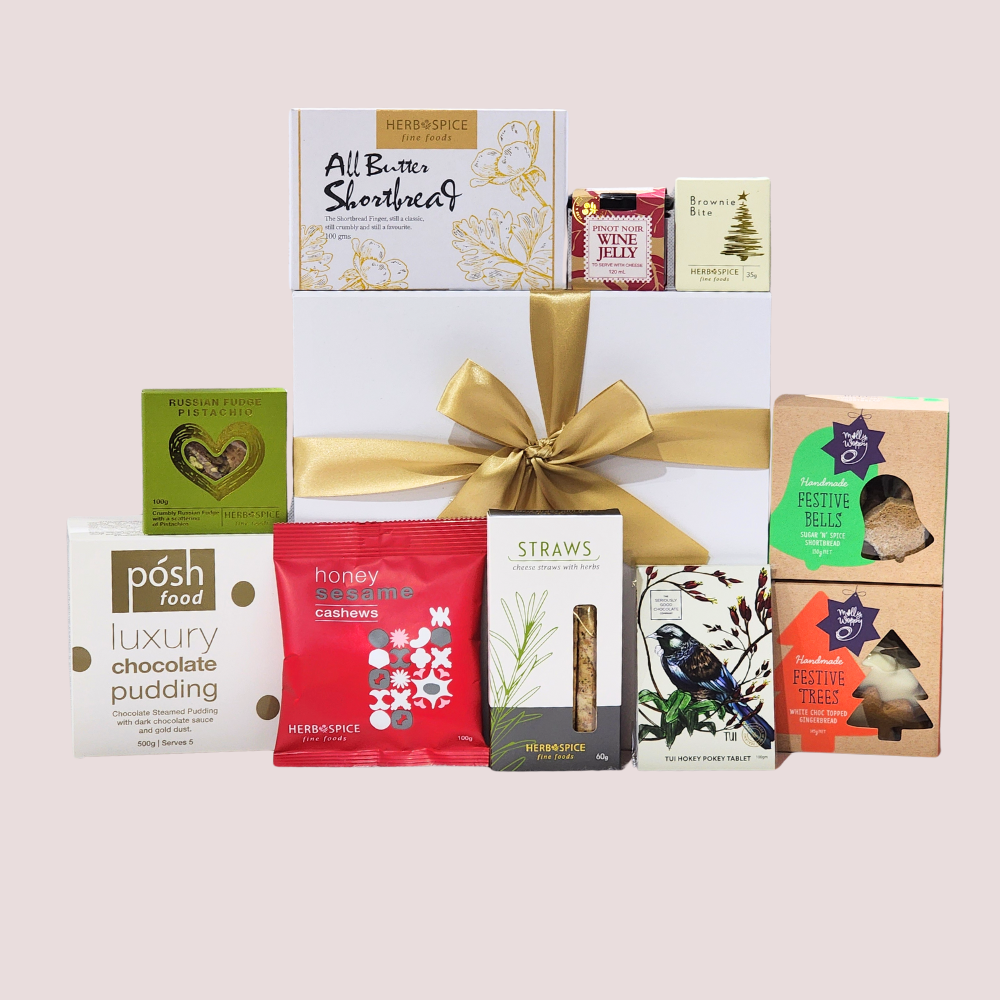 Happy Holidays Gift Box bursting with gourmet treats, perfect for festive celebrations and thoughtful gifting.