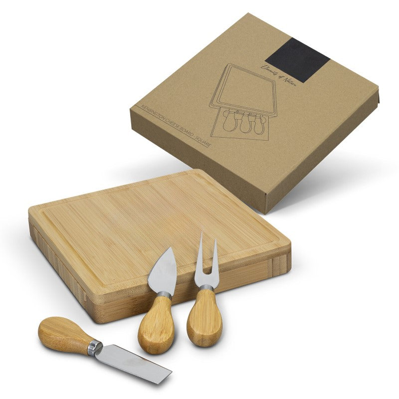 Stylish square bamboo cheese board with slide-out drawer and essential cheese tools for elegant entertaining.