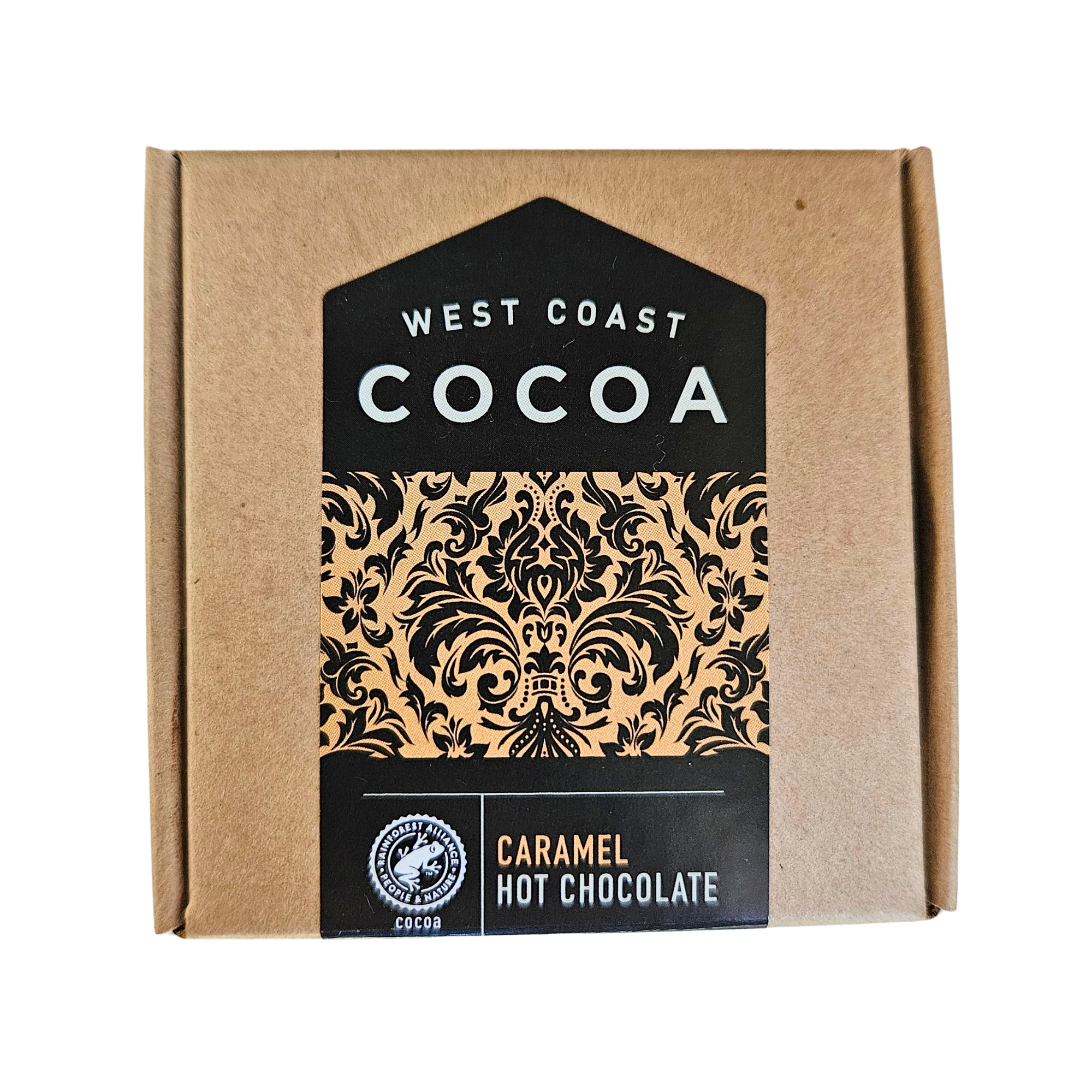 West Coast Cocoa Caramel Hot Chocolate pack, featuring premium Dutched cocoa and caramel flavor, serves 2 cozy cups.