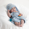 Blue baby hooded towel made from soft 100% cotton, designed for warmth and comfort after bath time.