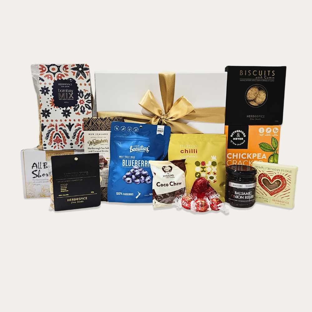 Gourmet gift box filled with premium snacks, sweets, and customizable options for food lovers.