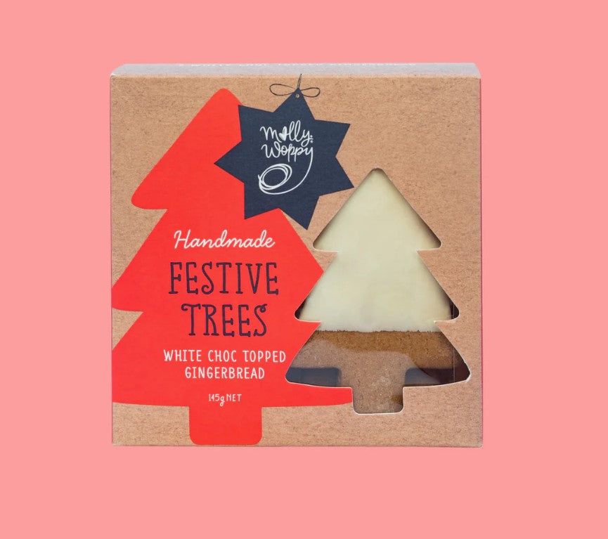 White-chocolate-dipped gingerbread cookies shaped like Christmas trees, perfect for holiday gifting and celebrations.