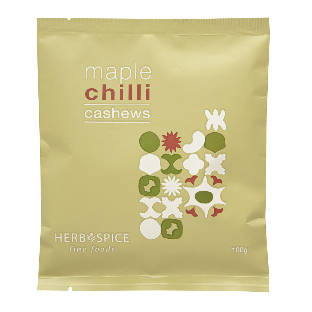 Gourmet roasted cashews coated in sweet and spicy maple chili, perfect for snacking or gifting.