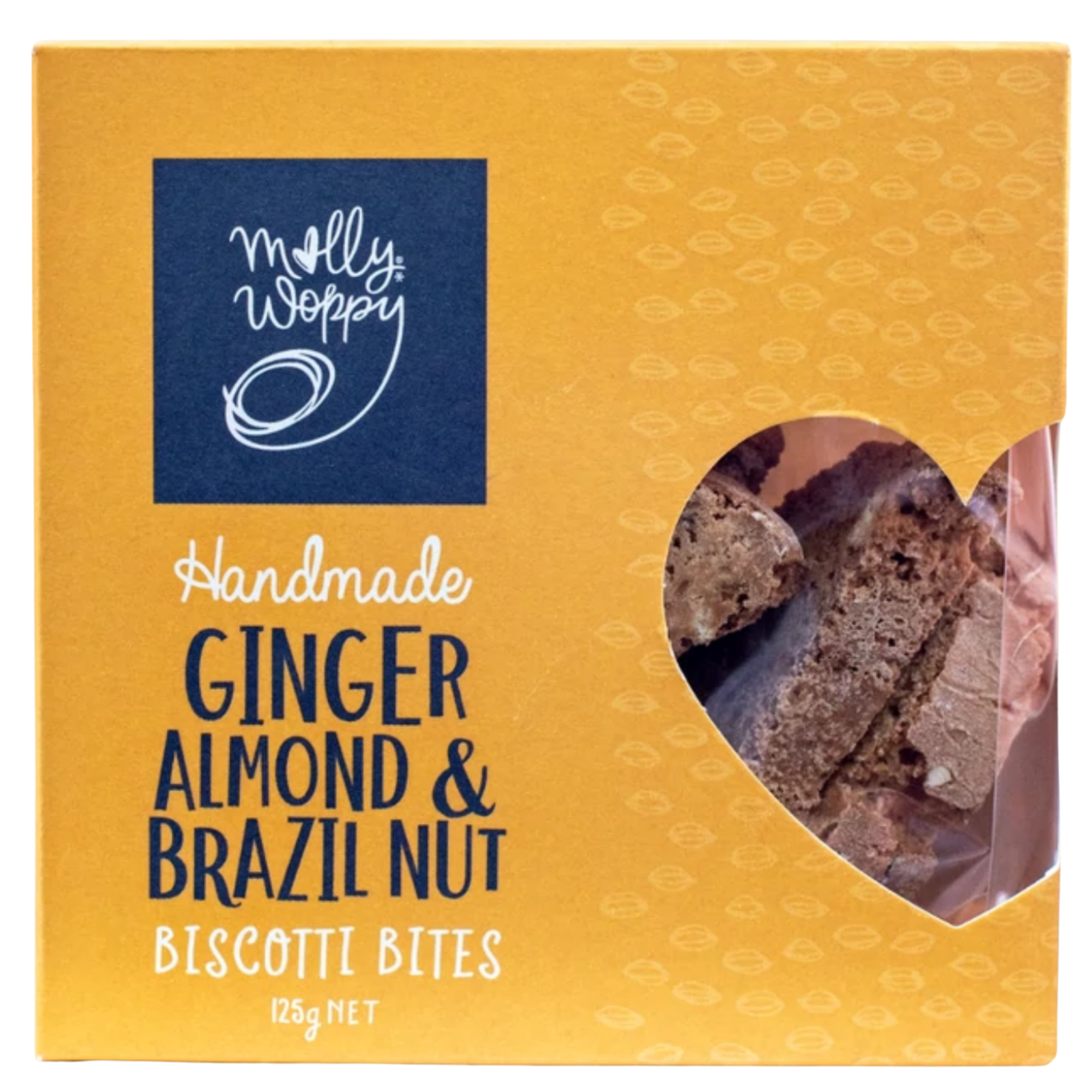 Molly Woppy Handmade Biscotti featuring crystallised ginger, almonds, and Brazil nuts for a gourmet treat.