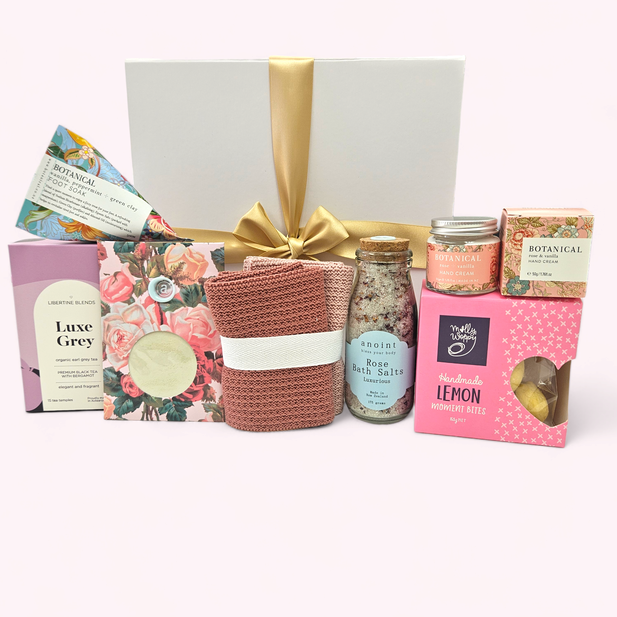 'Me Time' gift box featuring luxurious self-care items for ultimate relaxation and pampering, elegantly packaged with ribbon.