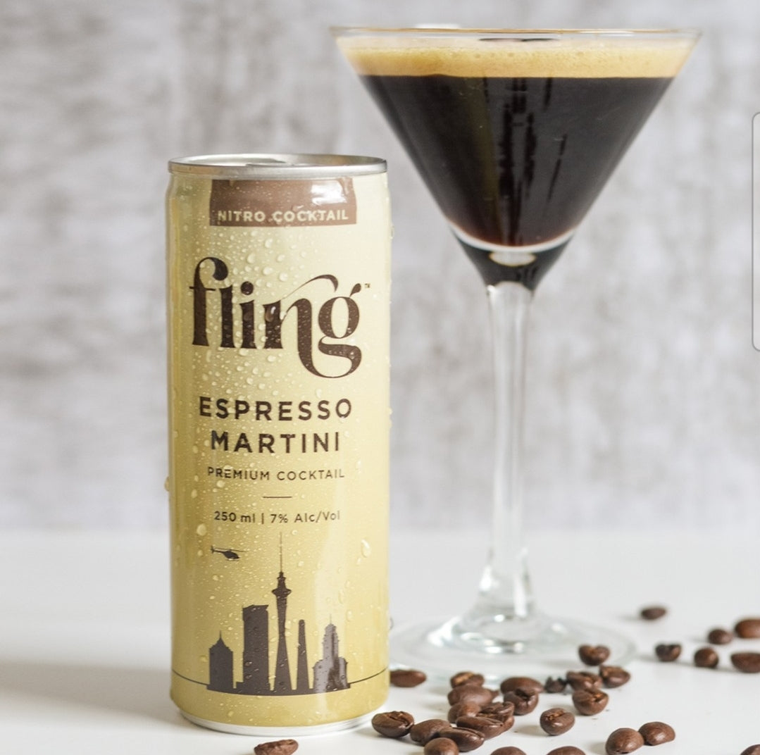 Fling Espresso Martini in a 250ml ready-to-pour bottle with a creamy, rich cocktail experience, gluten-free, dairy-free, and vegan.