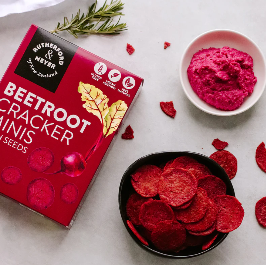 Vibrant beetroot-infused crackers perfect for cheese boards and entertaining, offering rich flavor and stunning color.