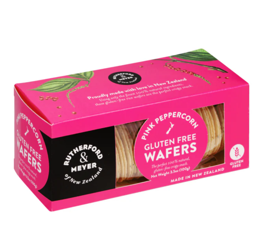 Rutherford & Myer Pink Peppercorn Wafers, gluten-free, crispy snack with a unique pink peppercorn flavor for indulgent moments.