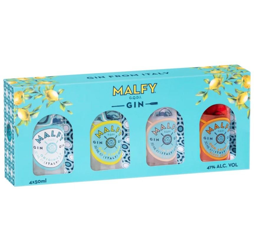 Malfy Gin Discovery Pack featuring 4x 50ml miniatures, showcasing Original, Con Limone, Con Arancia, and Gin Rosa flavors.