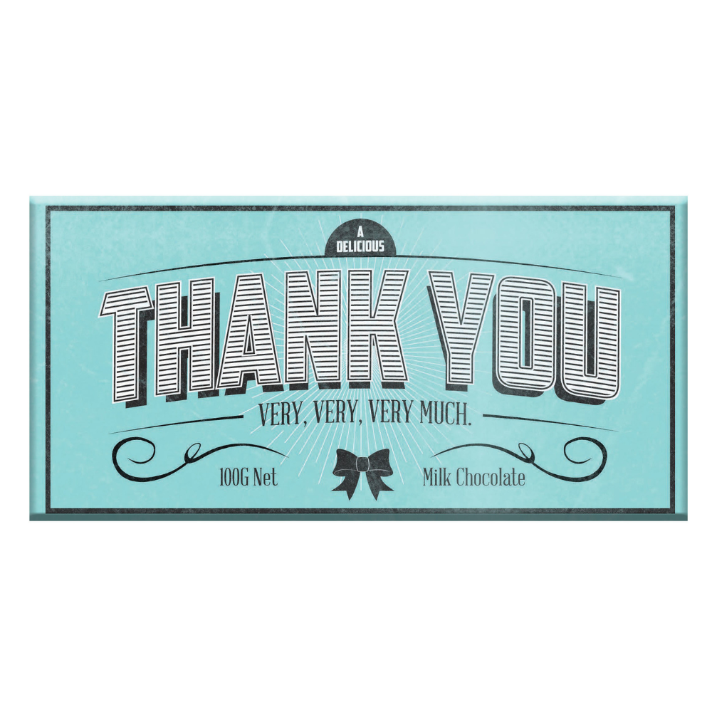 Luxurious 100g milk chocolate bar with "Thank You Very, Very, Much" for expressing heartfelt appreciation.