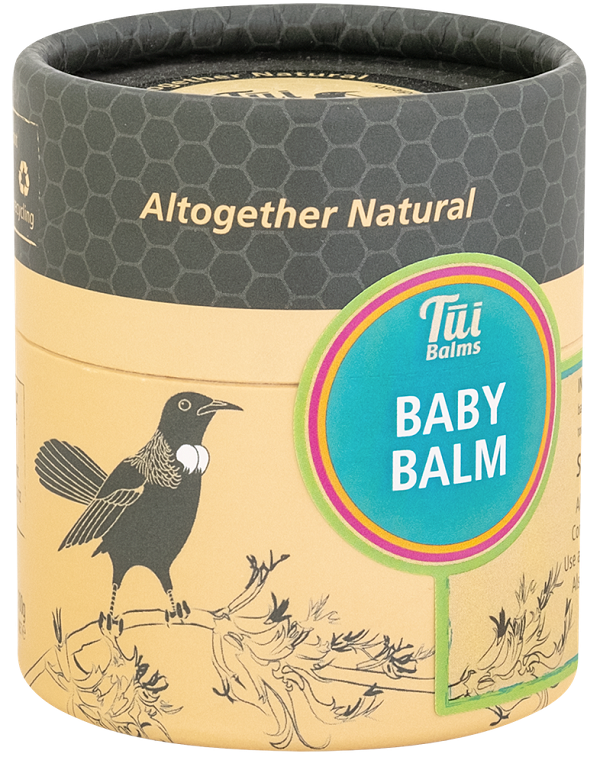 Tui Baby Balm 100g in a cardboard tube, ideal for nurturing and protecting baby's delicate skin with natural ingredients.